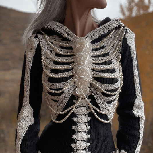 Comstylish Women's Retro Halloween Plant Flower And Skull Art Design Knitted Hooded Sweater