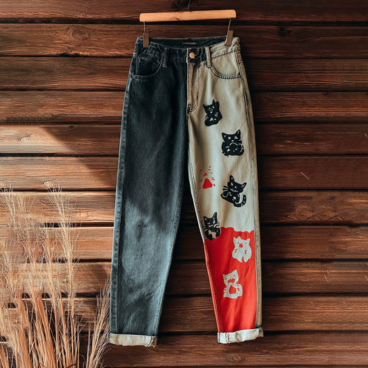 Women's Casual Cute Cat Pattern Contrast Jeans elevenforest