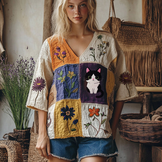 Vintage Abstract Creative Cute Cat Patchwork Art Embroidered Cozy Linen Blend T-shirt elevenforest