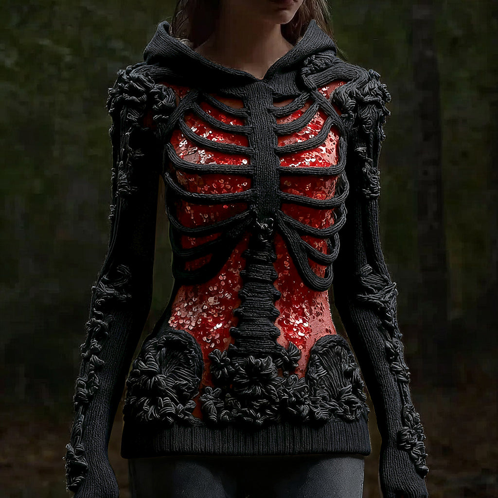 Comstylish Halloween Skull Floral Knitted Warm Hooded Sweater