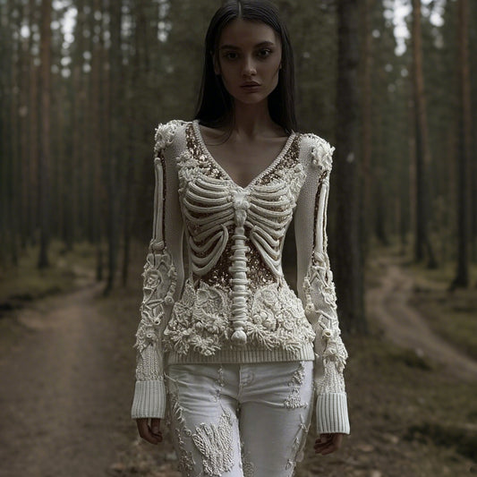 Comstylish Women's Vintage Skull Sequined Knitted V-neck Sweater