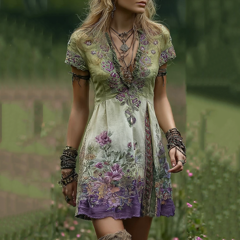 Vintage Gradient Purple Floral Embroidered Patchwork Linen Midi Dress artswardrobe