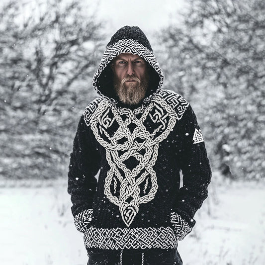 Men's Viking Inspired Runes Celtic Chunky Knit Cozy Hooded Sweater artswardrobe