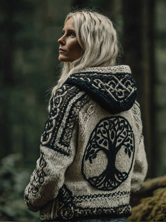 Women's Viking Style Tree Of Life Flat Embroidered Hooded Sweater artswardrobe