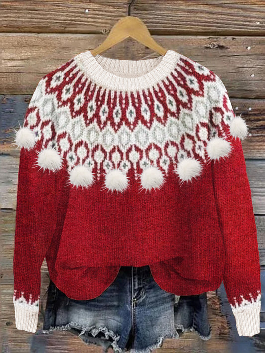 Vintage Christmas Fur Pom Pom Cozy Isle Sweater artswardrobe