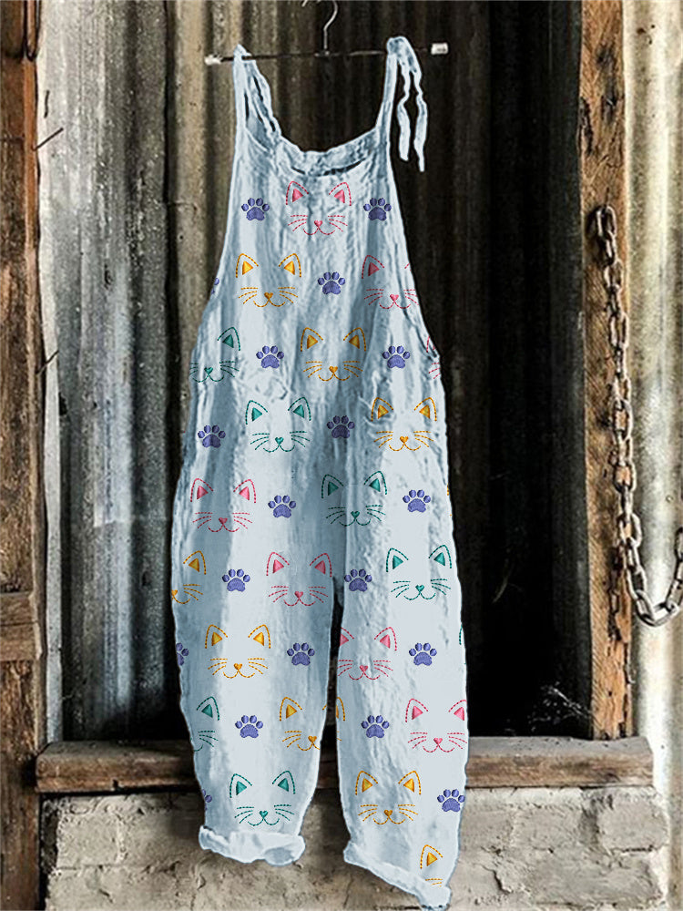 Cute Cat Embroidery Pattern Linen Blend Casual Jumpsuit elevenforest