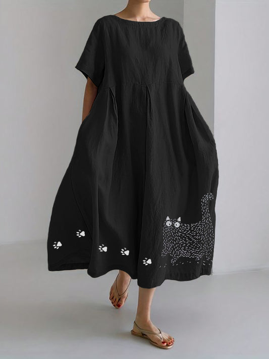 Fuzzy Cat & Paw Prints Embroidered Linen Blend Maxi Dress elevenforest