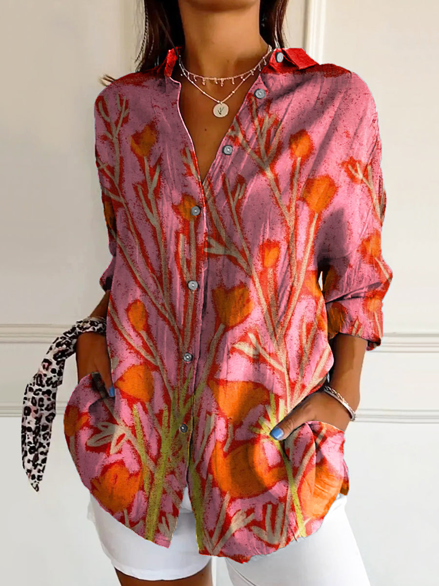 Women's Vintage Floral Art Print Casual Cotton Shirt