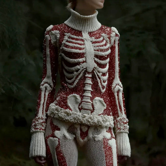 Halloween Skeleton Knitted Glitter Retro High Neck Sweater artswardrobe