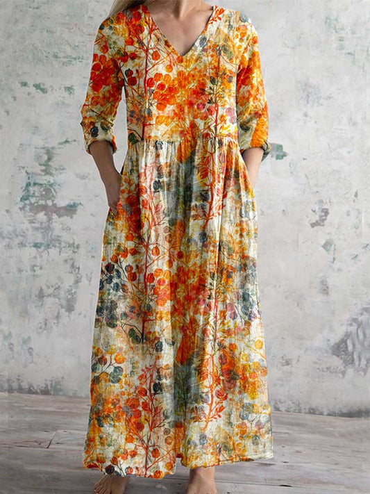 Women's Elegant Floral Pattern V-Neck Cotton Dress