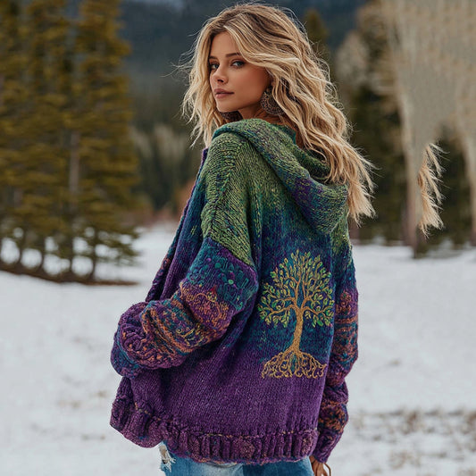 Comstylish Women's Vintage Viking Tree Of Life And Floral Pattern Knit Zip-up Sweater