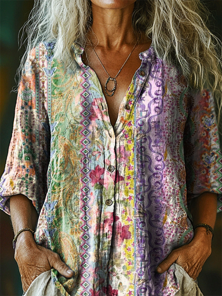 Women's Vintage Floral Art Print Casual Cotton Linen Shirt