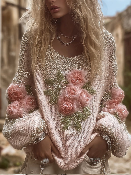 Women's Flower Vintage Round-neck Thick Sweater elevenforest