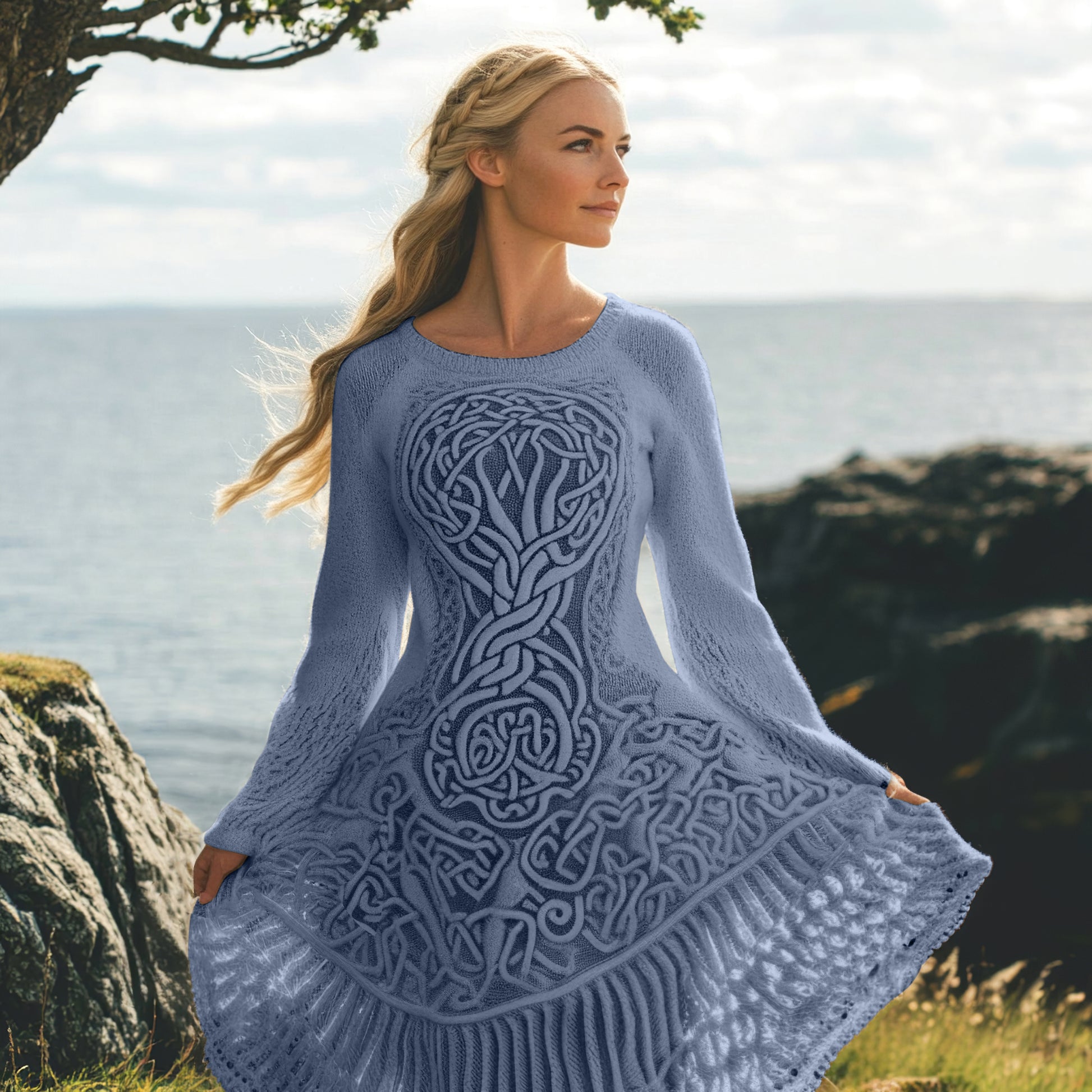 Women's Celtic Knot And Tree Of Life Long Sleeve Sweater Dress elevenforest