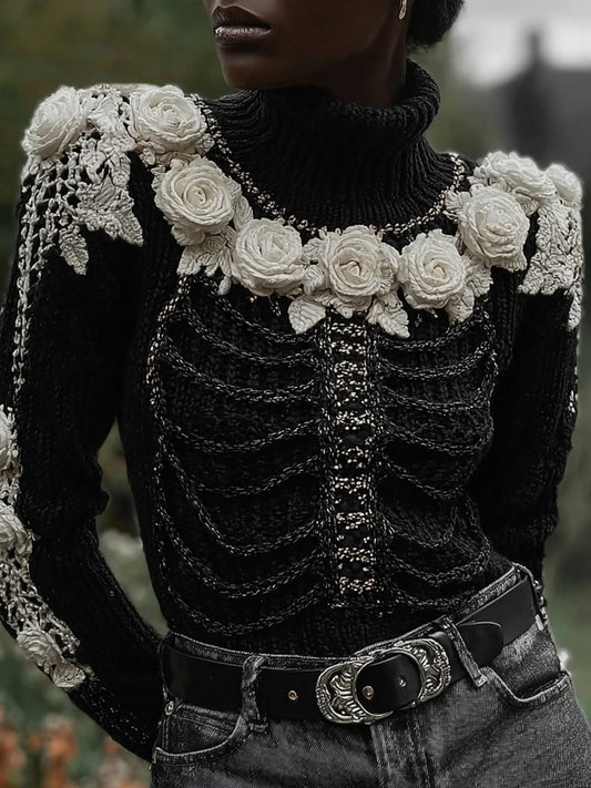 Classy Skeleton Roses Embroidered Cozy Turtleneck Sweater artswardrobe