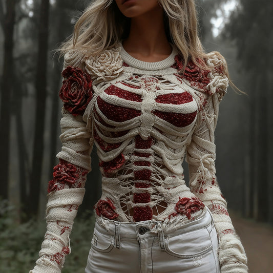 Comstylish Women's Red Rose Skeleton Art Knit Sweater