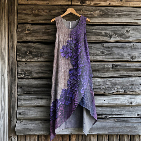 Women's  Bohemian Purple Flowers Art Irregular Design Sleeveless Dress artswardrobe
