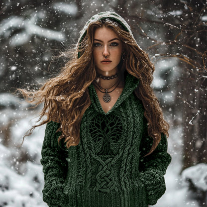 Women's Viking Tribal Runes Life Of Tree Chunky Knit Hooded Sweater artswardrobe