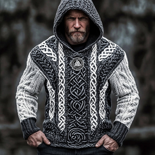 Men's Vintage Viking Runes Celtic Cozy Chunky Hooded Sweater artswardrobe
