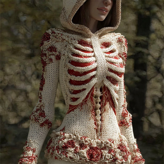 Halloween 3d Skeleton Floral Art Women's Knit Hooded Sweater artswardrobe