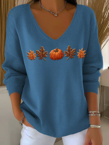 Women's Casual Autumn Maple Leaf Pumpkin Striped Long-sleeved V-neck Top artswardrobe