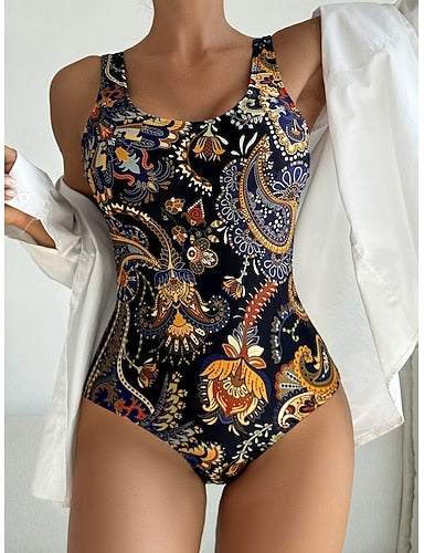 One Piece Swimsuit Slimming Monokini High Cut Tummy Control High Waist Slim Backless Vacation Paisley U Neck Sleeveless Bathing Suits