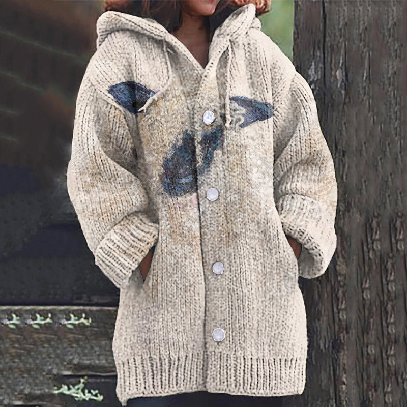 Lamb Print Women's Hooded Cardigan Sweater artswardrobe