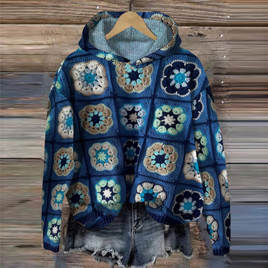 Crochet Blanket Print Hooded Sweater elevenforest