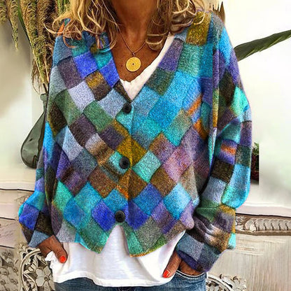 Vintage Geometric Print V-Neck Casual Knitted Cardigan elevenforest