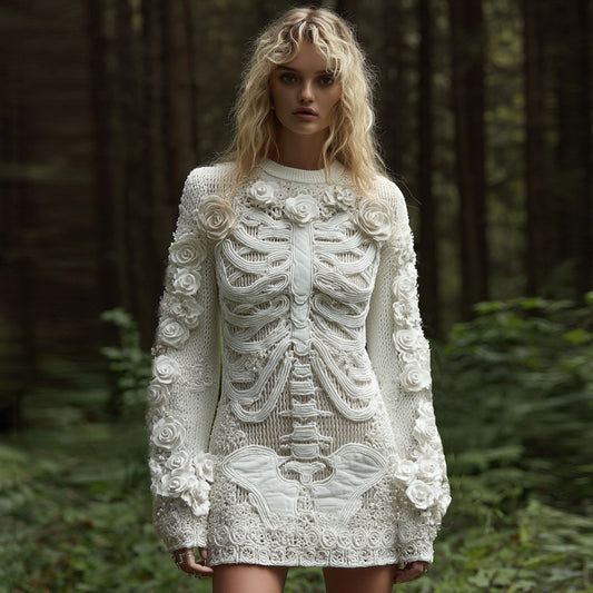 Comstylish Women's Vintage Halloween Skeleton Bones With White Rose Art Cozy Knit Mini Sweater Dress