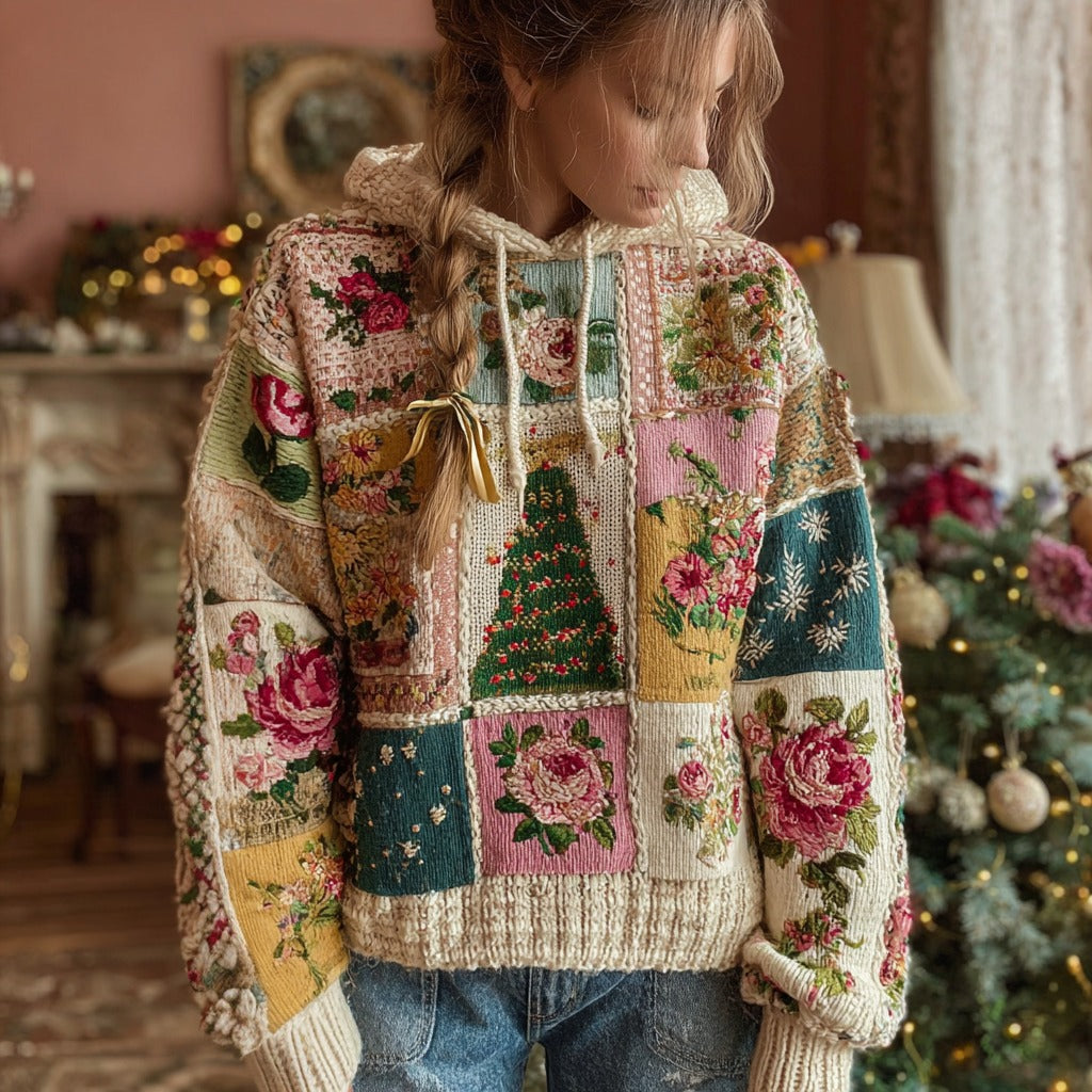Comstylish Women's Christmas Tree And Floral Pattern Knitted Hooded Sweater