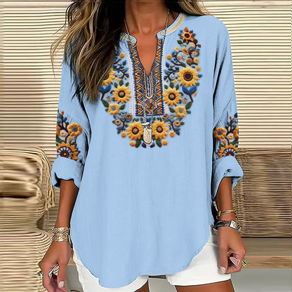Comstylish Women's Ukraine Sunflower Embroidery Art V-neck Casual Linen Blend Blouse