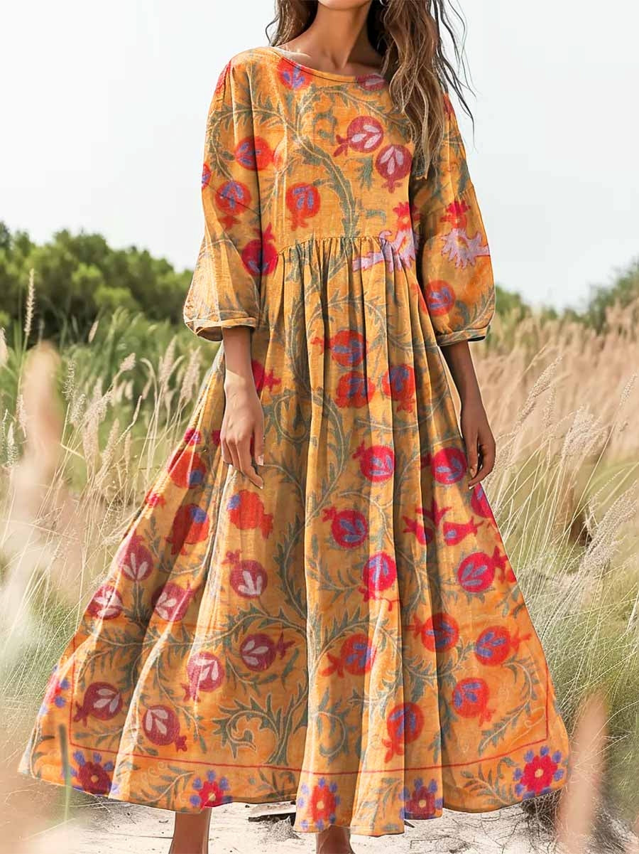 Women's Vintage Ethnic Floral Art Print Flowy Cotton Crew Neck Dress