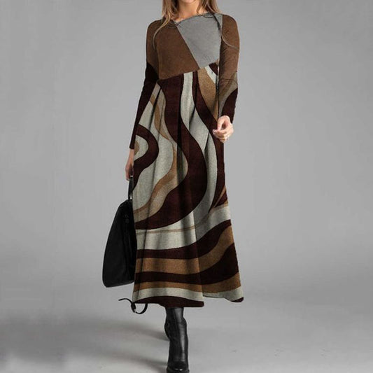 Elegant Pleated Patchwork Contrasting Color Round Neck Midi Dress elevenforest