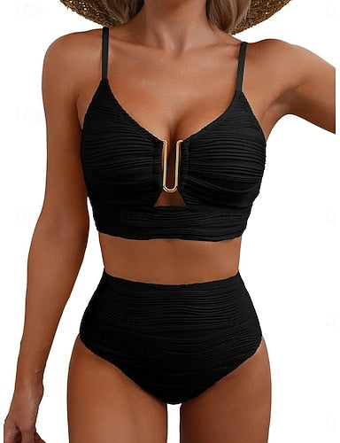 Swimwear Bikini 2 Piece High Waist Swimsuit Ruched Backless Vacation Beach Wear Plain V Neck Sleeveless Bathing Suits