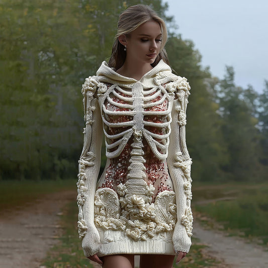 Women's Vintage Halloween Skeleton Bones With Glitter And Rose Art Cozy Knit Hooded Sweater Dress artswardrobe
