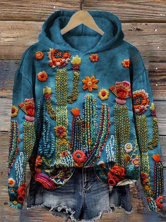 Comstylish Cactus Floral 3d Embroidered Cozy Hoodie