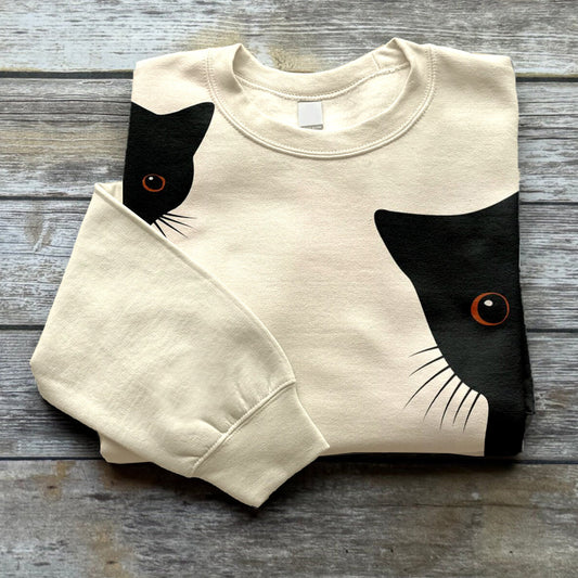Vintage Black Cat Hide And Seek Print Ladies Sweatshirt elevenforest