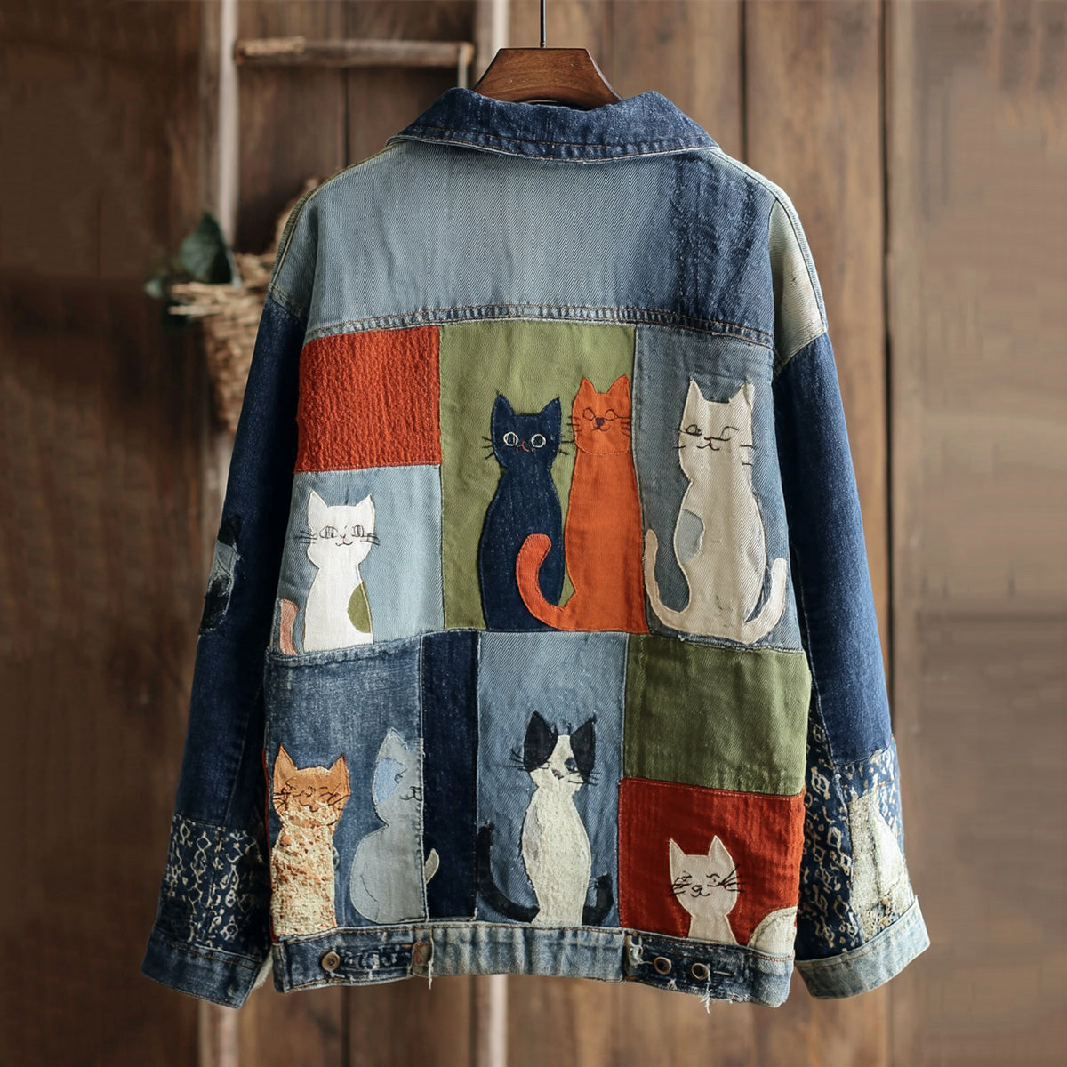 Comstylish Women's Cute Patchwork Cat Print Denim Jacket
