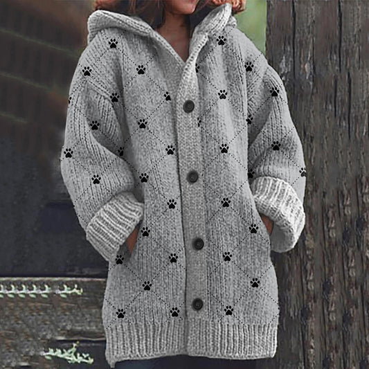 Comstylish Dog Paw Print Long Sleeve Knitted Hooded Cardigan