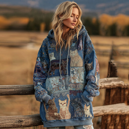 Women's Denim Patchwork Cute Cat Print Hooded Sweatshirt Dress elevenforest