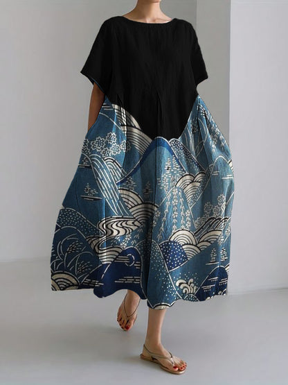 Comstylish Mountains Landscape Japanese Art Linen Blend Maxi Dress