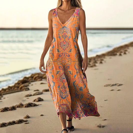 Women's Retro Ethnic Totem Art V-neck Sleeveless Dress artswardrobe