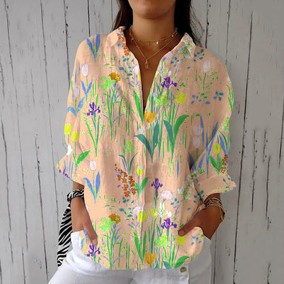 Women's Floral Print Long Sleeve Casual Linen Blend Shirt artswardrobe