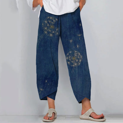 Comstylish Retro Japanese Traditional Sashiko Dandelion Art Pattern Cropped Casual Pants