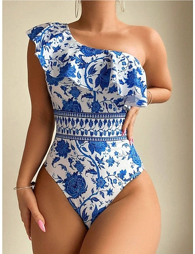 Swimwear One Piece Monokini Swimsuit Ruffle Tummy Control High Waist Slim Backless Vacation Asymmetric Neck Sleeveless Bathing Suits