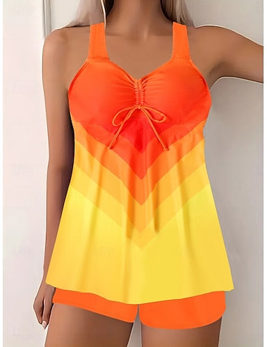 Tankini 2 Piece Swimsuit Colorblock Shorts Tummy Control High Waist Slim Backless Vacation Beach Wear Ombre Geometric V Neck Sleeveless Bathing Suits