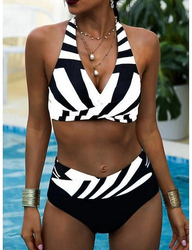 Bikini 2 Piece Swimsuit Ruched Colorblock Cheeky Slim Backless Vacation Stripe Halter Neck Sleeveless Bathing Suits