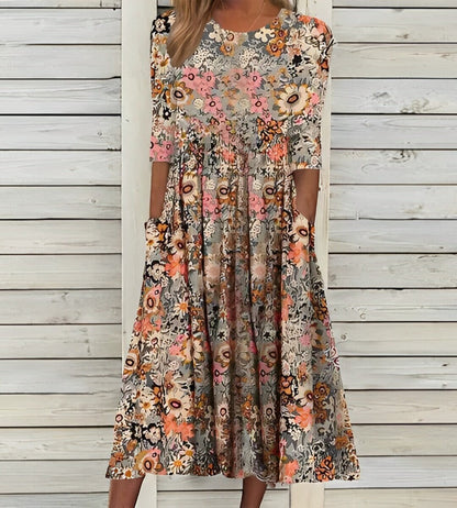 LM | Printed midi dress with round neckline and pockets