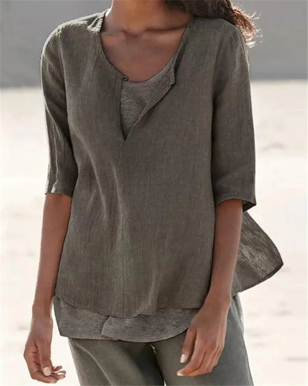 LM | Women's Clothing Half Sleeves V Neck Casual Solid Shirts